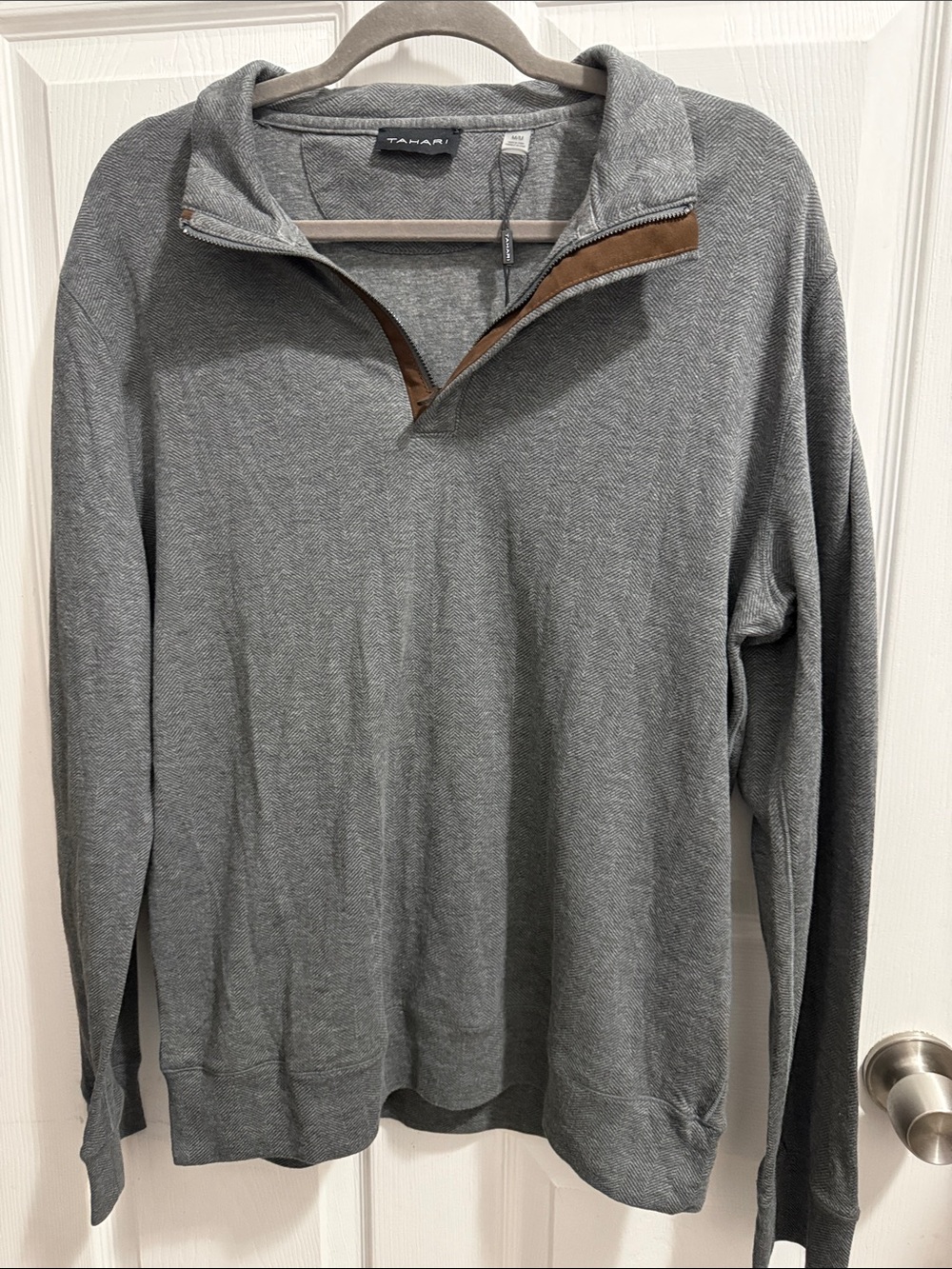 Tahari Gray Zip-Up Sweater with Brown Trim